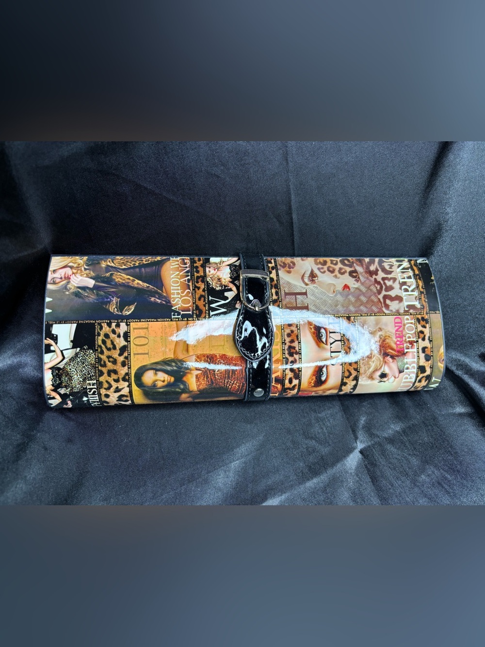 Y2K-style glossy magazine collage clutch purse made by Le Mie